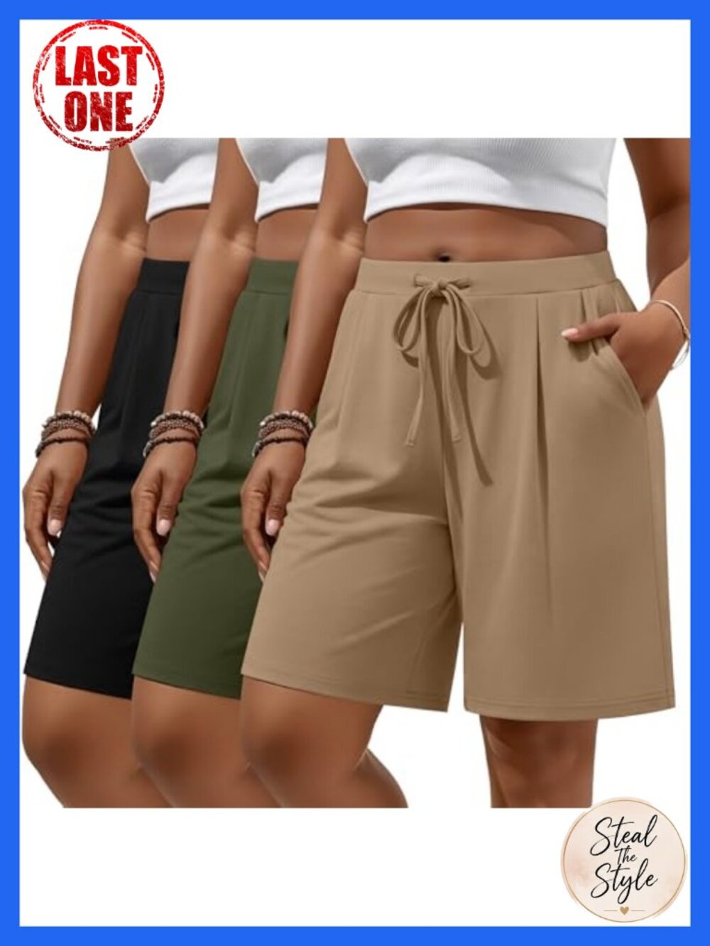 Plus Size Bermuda Shorts 3 Pack Lightweight Mid Rise Elastic Waist Drawstring